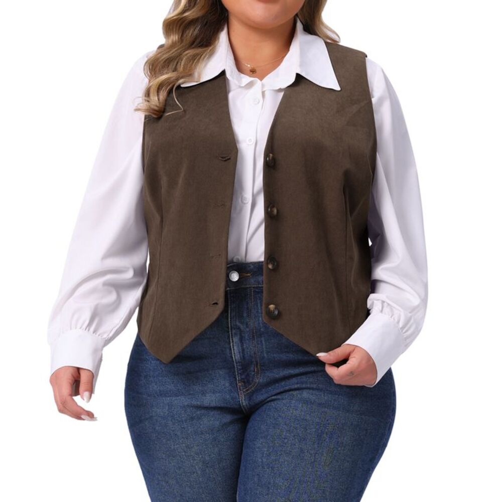 Women Plus Size Corduroy V Neck Button Lined Work Vest Jacket Coffee